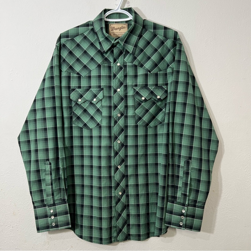 Wrangler Mens Green Plaid Front Pockets Brushpopper Pearl Snap Shirt Sz L - Picture 1 of 6